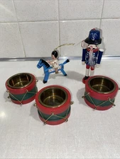 3 VTG  Wooden Metal Votive Candle Holders Drums  + 2 Christmas Tree Ornaments