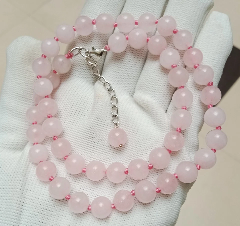 Collar de cuentas redondas de cuarzo rosa natural, collar anudado a mano, joyería boho Foto 4 de 4