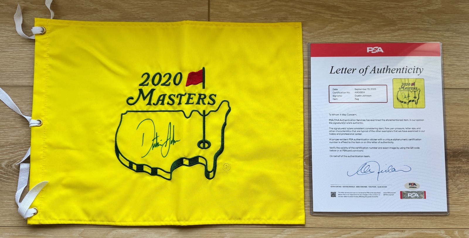 Dustin Johnson Autographed Signed 2020 MASTERS GOLF FLAG, PSA AUTHENTICATED 
