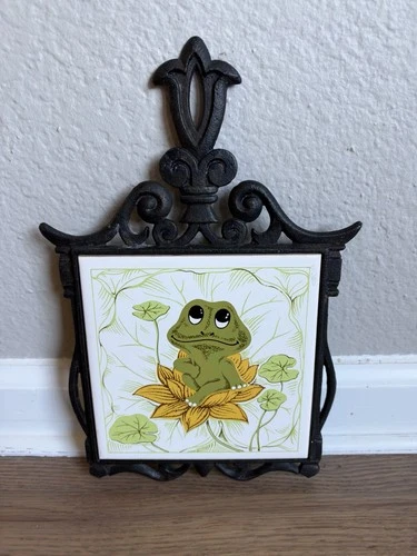 Vintage 1978 Sears Roebuck Green Neil the Frog Tile Cast Iron Trivet Japan - product listing photo