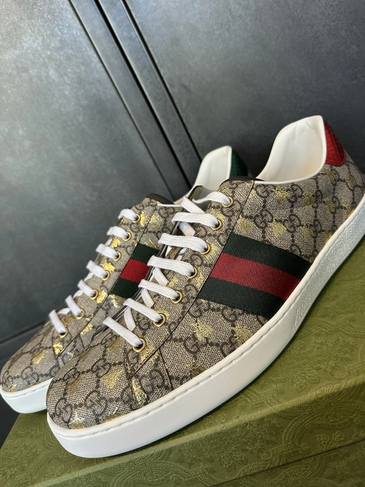 Gucci — Gucci Mens Brown GG Monogram Golden Bee Ace Sneakers Size 12.5UK/13.5US