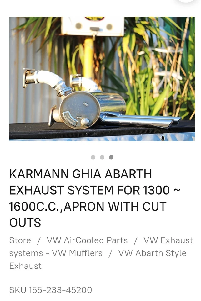 Sistema de escape de velocidad vintage Abarth VW Karmann Ghia 1300cc a 1600cc Foto 2 de 3