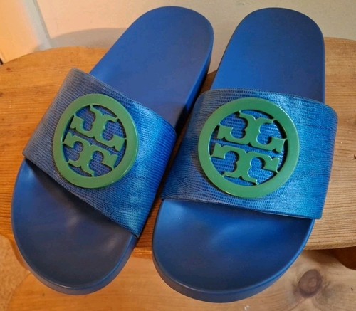 TORY BURCH Lina Pantoletten/Sandalen SELTENE Farbe Electric Blue Leder grün Logo Größe 7