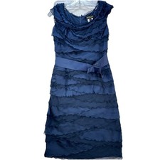 Tadashi Shoji Ruffle Layered Cocktail Dress Size 4P Dark Blue Silk Blend Fitted
