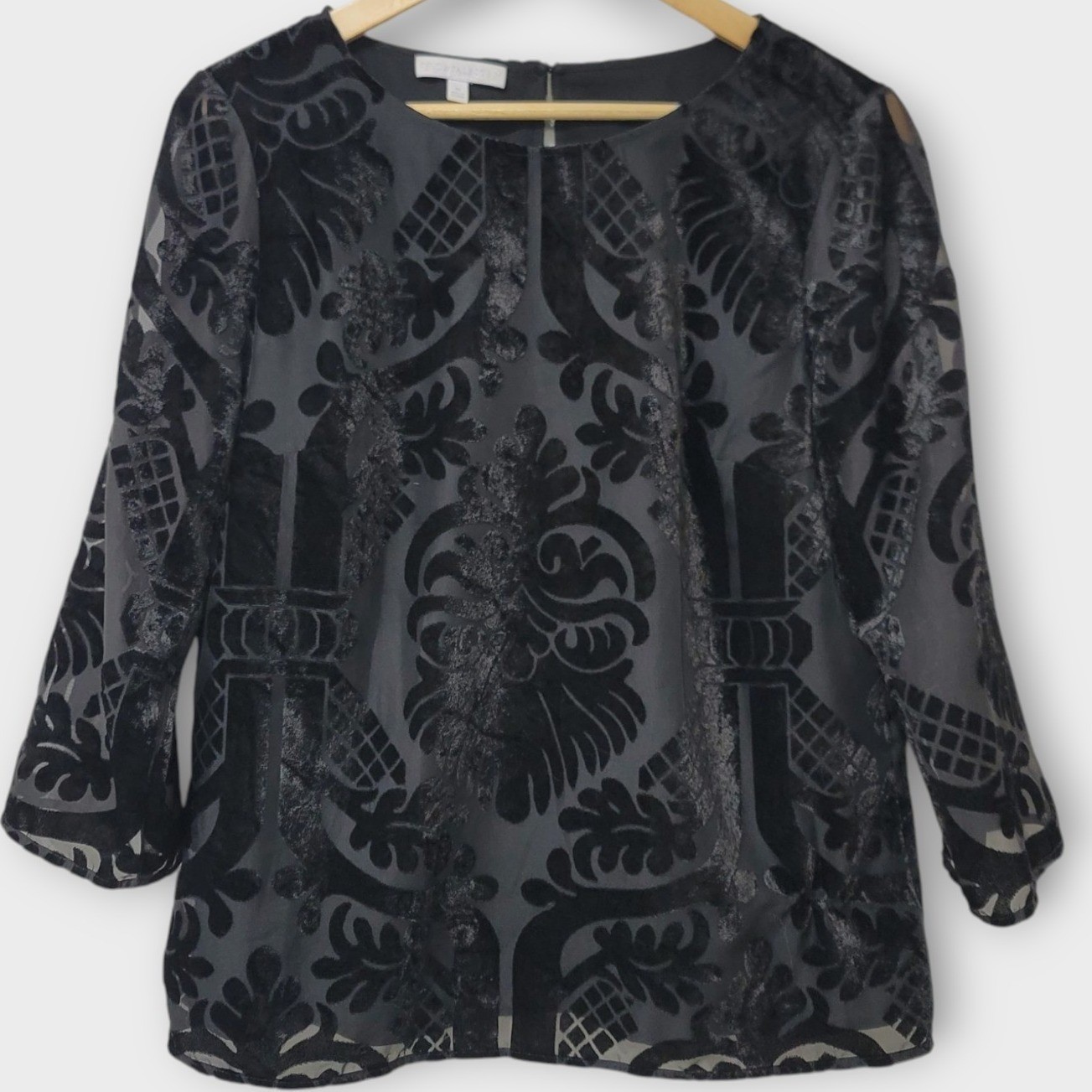 RSVP by Talbots Velvet Burnout Blouse Womens Medium Black Damask Evening Event