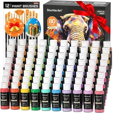80 Colors Acrylic Paint, Acrylic Paint Set with 12 Paint Brushes, 2Oz/60Ml Bottl