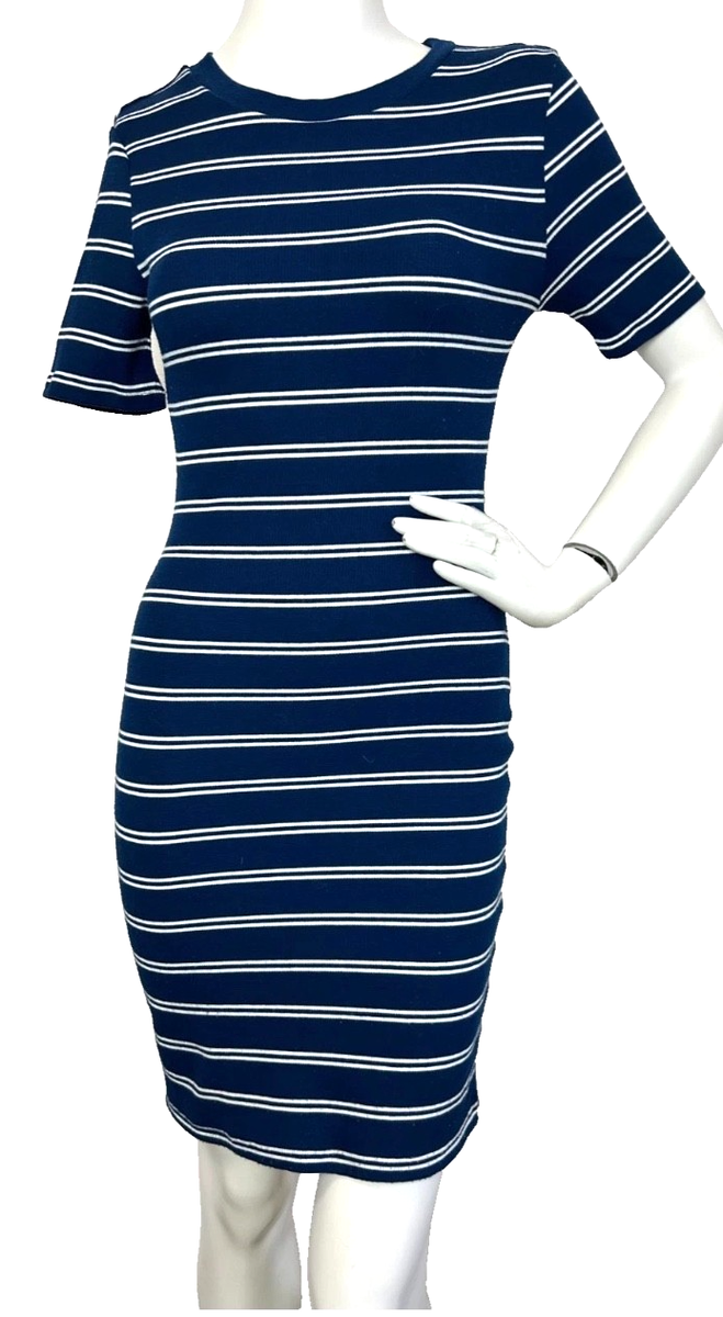 French Girl HM Navy White Stripe Ribbed Bodycon TShirt Dress 6 Nautical Prep EUC