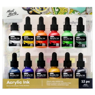 MONT MARTE Acrylic Ink Set 12x20ml - Essential Colors for Artists, Airbrush, Pouring, Dr...