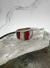 VTG 925 Sterling Silver Red Enamel MOP Inlay Stripe Tapered Band Ring Size 7.5