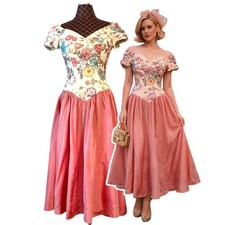 Vtg 80s House of Bianchi Pink Floral Off the Shoulder Dress Bow Back Size 8 Glam