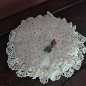 Handmade Round Lace Trimmed Fabric Pin Cushion with Decorative Rose