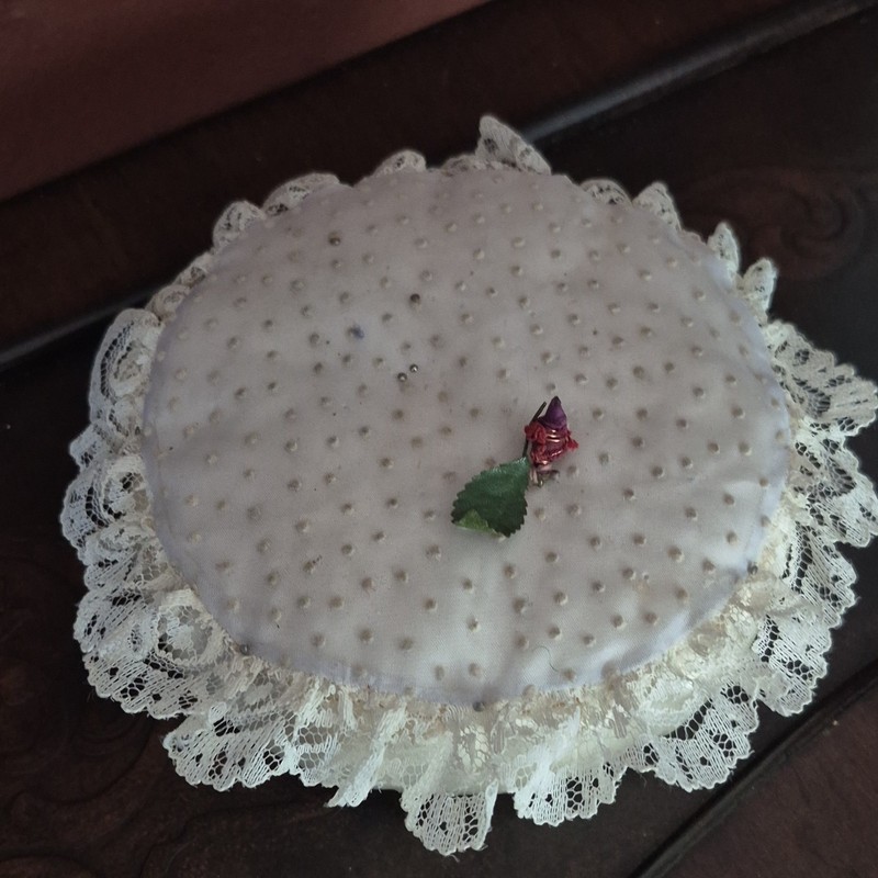 Handmade Round Lace Trimmed Fabric Pin Cushion with Decorative Rose