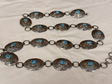 Vtg Sterling Silver Concho Link Belt with Nat. Turquoise Native America 45in