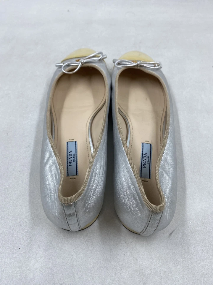 Prada Silver Leather Slip-On Cap Toe Ballet Flats W 9 - Image 4 of 4