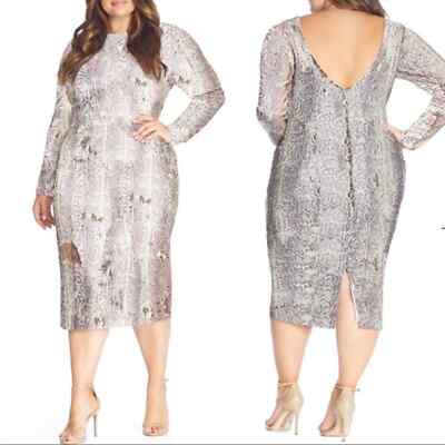 Dress the Population Emery Dress Python Gold Sequin Sheath Long Sleeve Size 3X