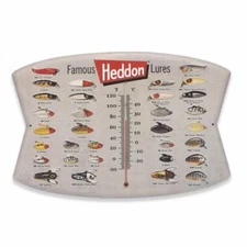 Vintage Famous Heddon Fishing Lures 15" Embossed Metal Wall Thermometer Sign