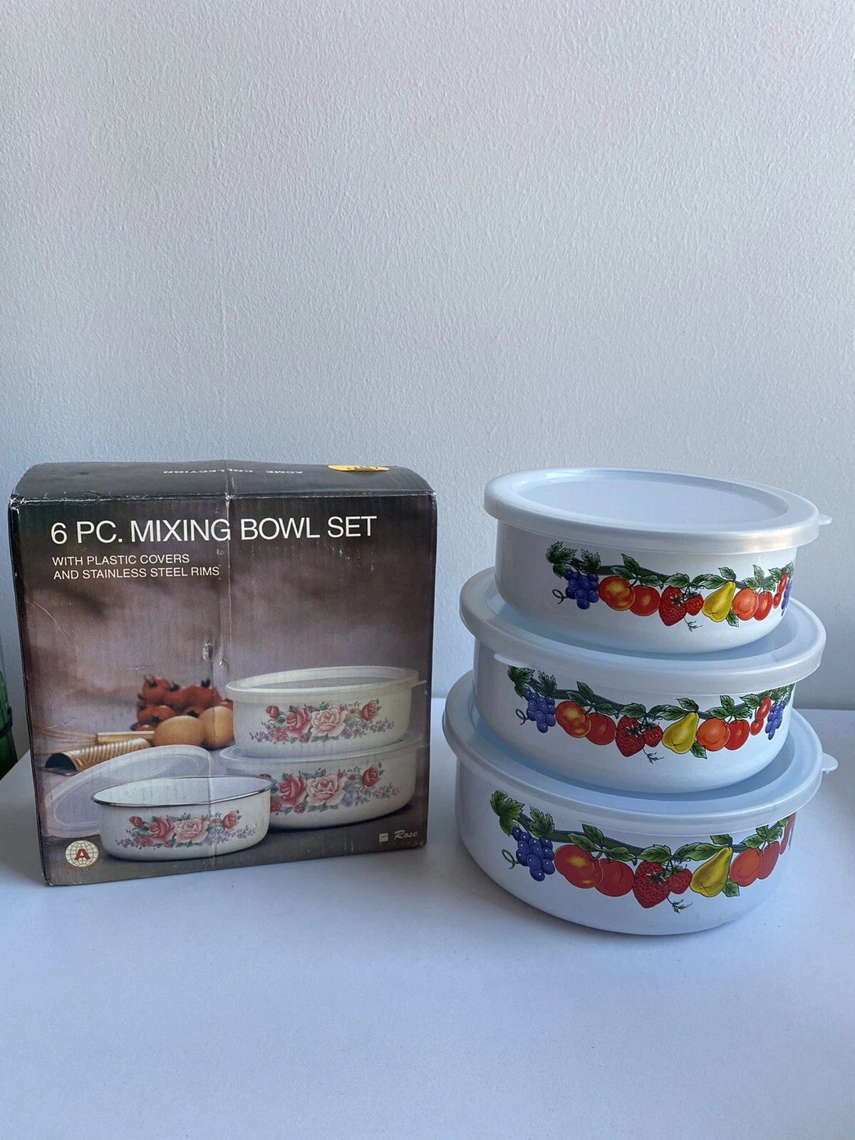 Vintage Fruit 6 Pc Mixing Bowl Set Stainless Steel Plastic Lids Deadstock