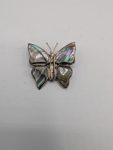 Vintage Alpaka Sterling Perlmutt Abalone Inlay Schmetterling Anstecknadel Brosche
