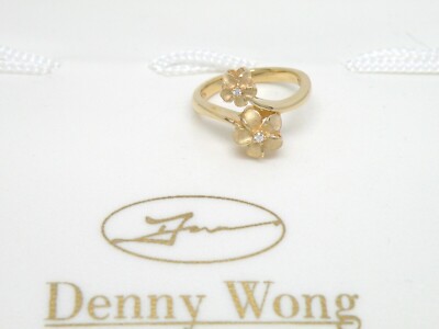 Authentic Denny Wong 14k Yellow Gold Plumeria Flower By Pass Ring Diamond 