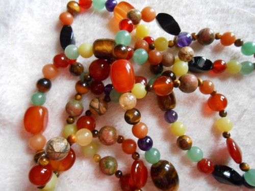 Multi Gemstone Necklace 70" Jade Sterling Silver Amethyst Quartz Jasper Carnelia