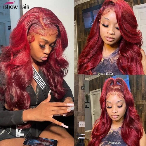 99J Burgund Lace Front Echthaar Perücken Kleberlos 13x4 HD Body Wave Wig Rot - Bild 4 von 15