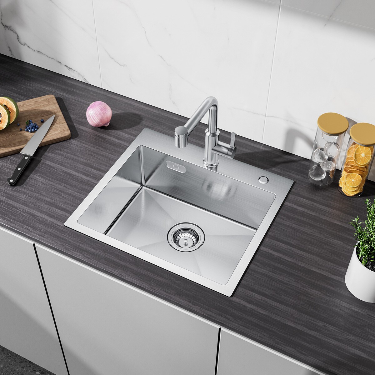 Edelstahl Küchenspüle – Einbauwaschbecken Mit Ablaufkorb & Überlauf – Rechteckig, 58x34x20.5cm