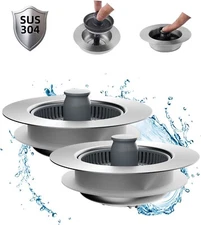 Hibbent Upgraded 3 in 1 Kitchen Sink Drain Strainer and Stopper Combo, TWO PACK