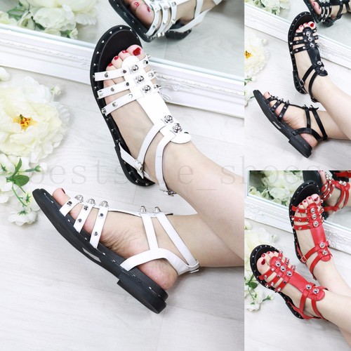 NEW LADIES WOMEN FLAT STUDDED SANDALS ANKLE STRAP BUCKLE SUMMER BEACH SHOES  SIZE | eBay