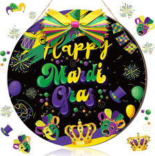 Mardi Gras Door Sign with Wreath, Mask, and Bows for Outdoor Decor