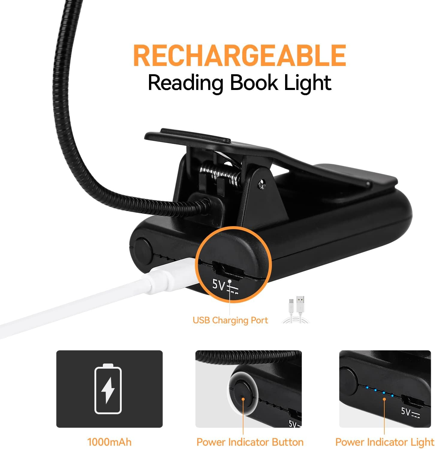 Amber Rechargeable Reading Light, Blue Light Blocking Book Light, 7 Leds Eye Car