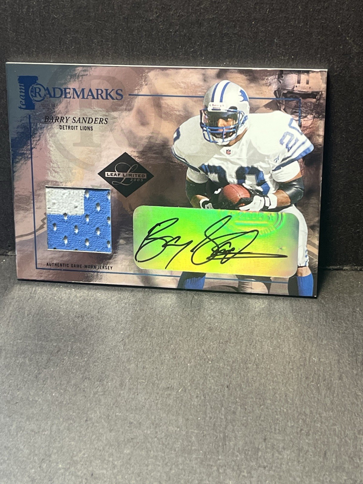 Barry Sanders Auto Game Used Patch 2005 Leaf Limited Trademarks /50 Lions HOF view 2