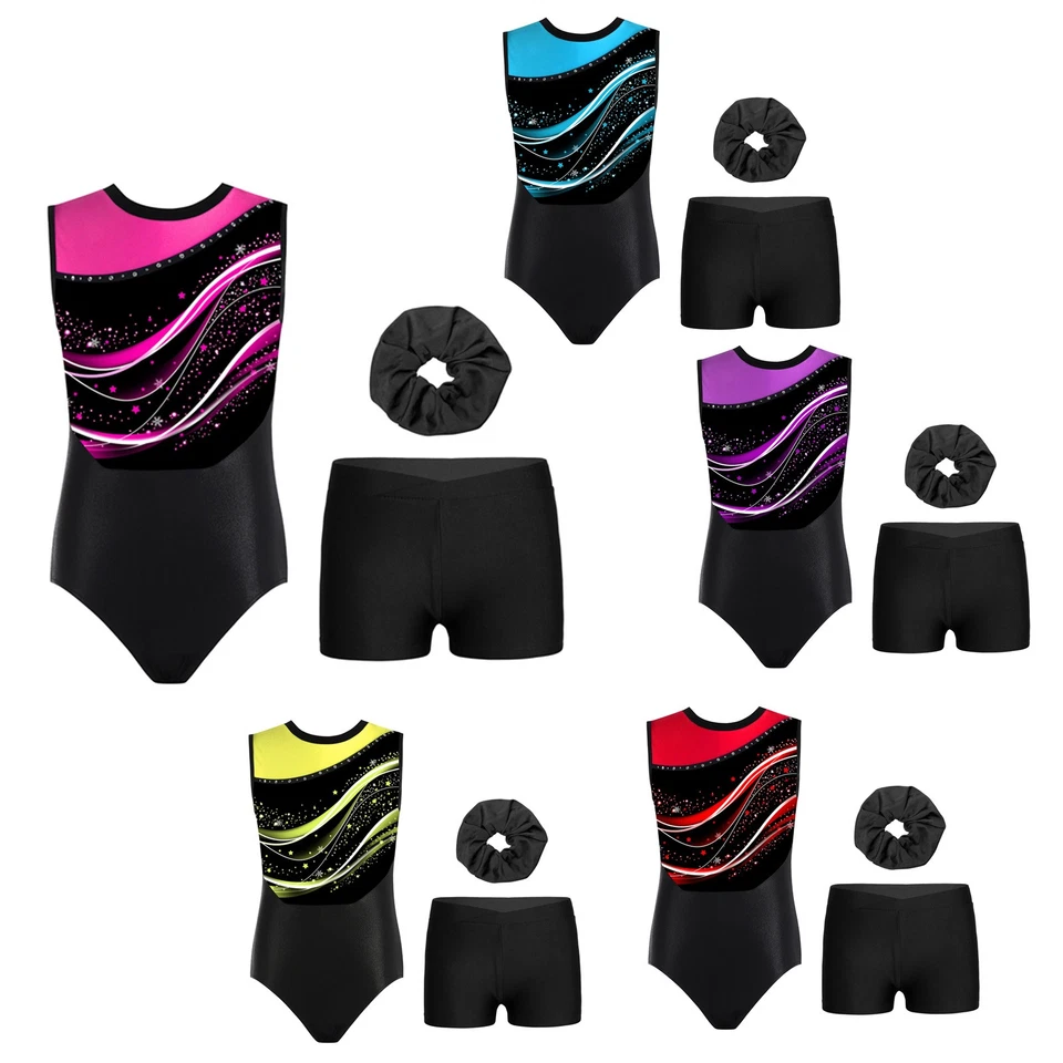 Kids Girls Outfit Training Dancewear Jumpsuit Set Practice Stylish Print 3Pcs - Image 2 of 3