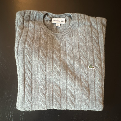 Lacoste Herren Pullover Rundhals Langarm Grau Wolle Zopfmuster Logo S