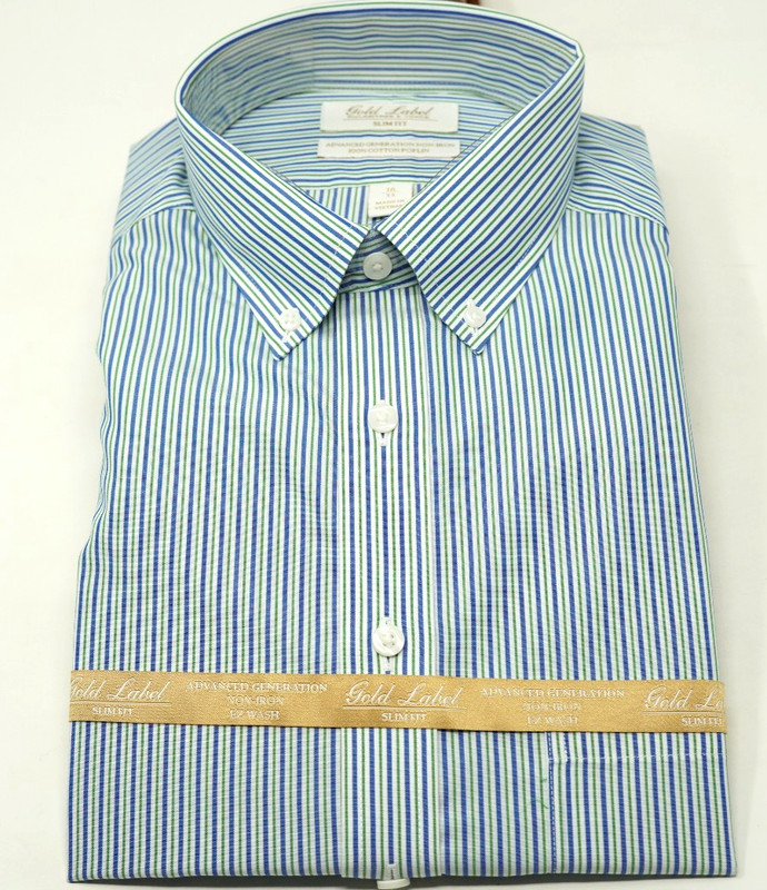 Roundtree & Yorke Green/Blue Stripe Slim Fit Button Down Shirt 16/33 NWT $125 NR