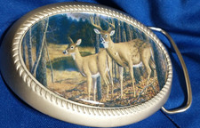 BUCK DOE DEER IN FOREST BELT BUCKLE 3 1/2" X 2 1/2" MATTE SILVER TONE EDGE