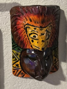 Handmade Guatemalan Painted Wooden Mask Colorful Animal Motif Folk Art