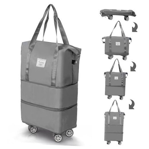 50L Expandable Rolling Duffel Bag with Wheels Foldable Duffel Bag SILVER GREY