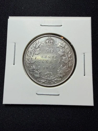 1916 King George Sterling Canada Silver 50 Cents Coin Half Dollar 92.%