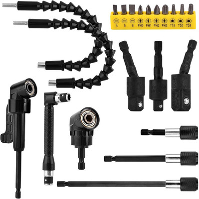 21Pcs Right Angle Drill Attachment Set Include 2Pcs Flexible Drill Bit Extension
