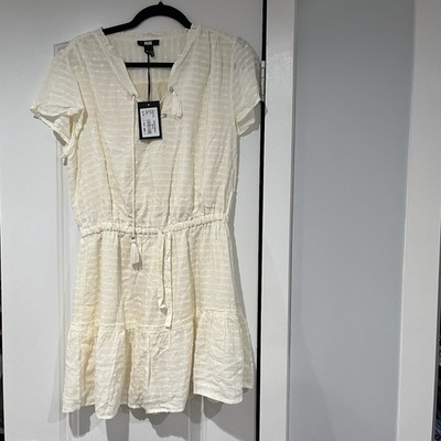PAIGE Jannah Tie Waist Ruffle White Dress M Beige Tiered Boho Beach