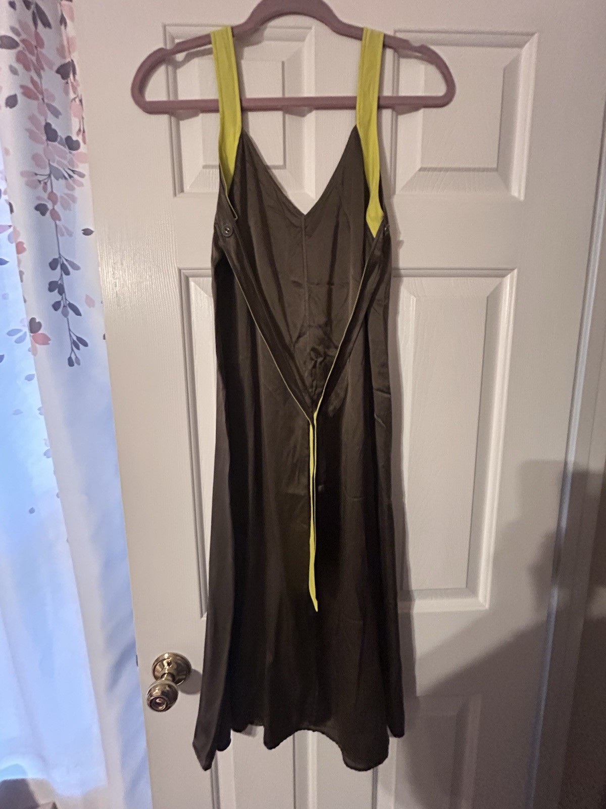 RAG & BONE Colette Slip Dress 100% Silk Grey Moss Neon Trim