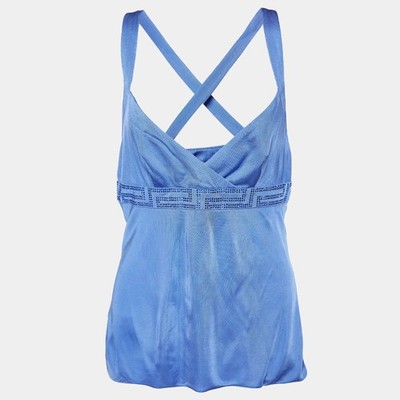 Versace Blue Jersey Crystal Greca Embellished Tank Top M