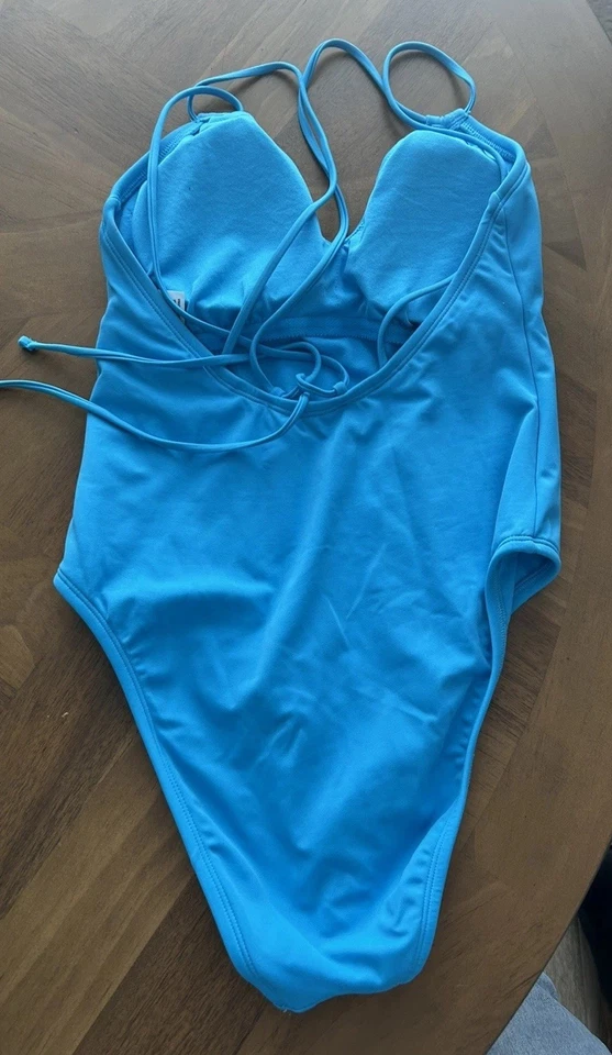 Shade & Shore 女式中号蓝色系带连体泳衣青色 — 第 3/4 张图片