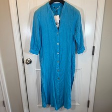 Zara Womens Dress XS Blue Linen Button Down 3/4 Sleeve Midi Shirt Dress