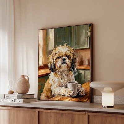 ''Before Coffee'' - Shih Tzu Vertical Framed Canvas - Dog Lover Wall Art