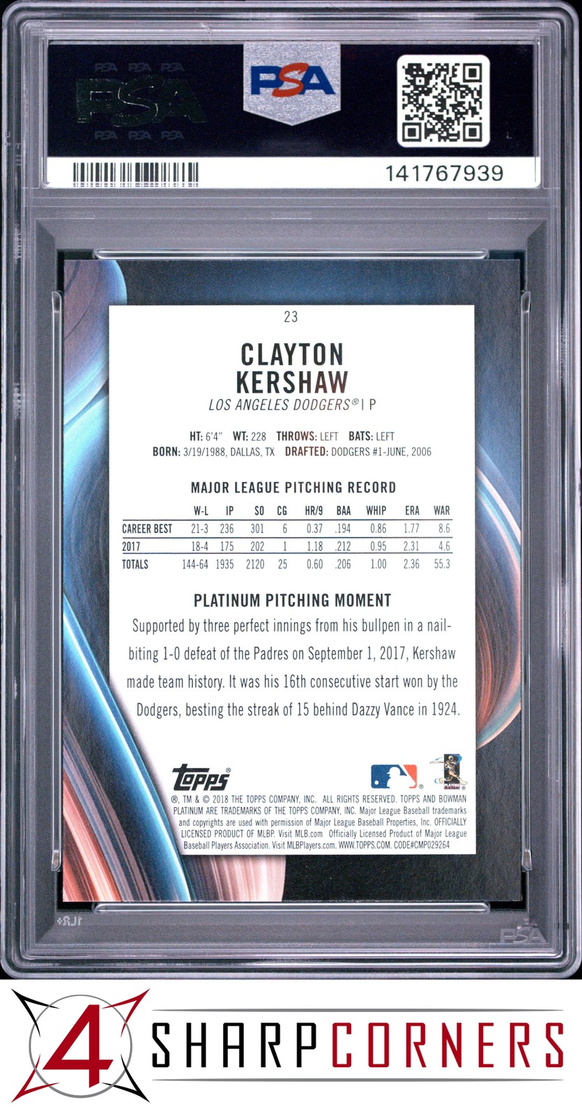 2018 BOWMAN PLATINUM #23 CLAYTON KERSHAW PITCHING POP 6 PSA 10 view 2