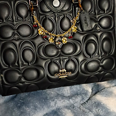 Coach Black Embossed Logo Satchel Zip Top Shoulder Strap Charm Gold Hardware