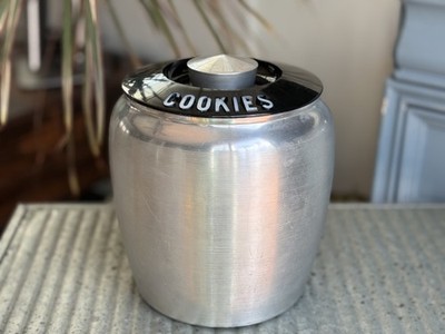 Vintage Kromex Aluminum Cookie Jar with Plastic Lid Canister 8'' Tall