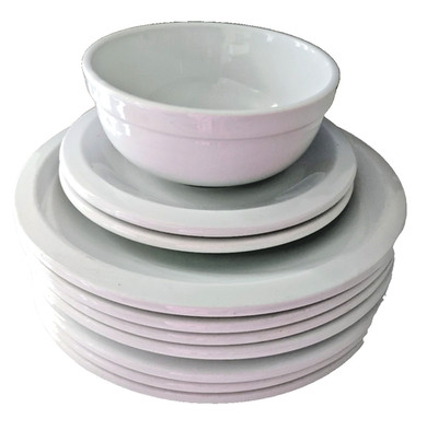 Set 7 Culinary Arts Cafeware 10  White Porcelain Dinner Plates 2 Salad 1 Bowl