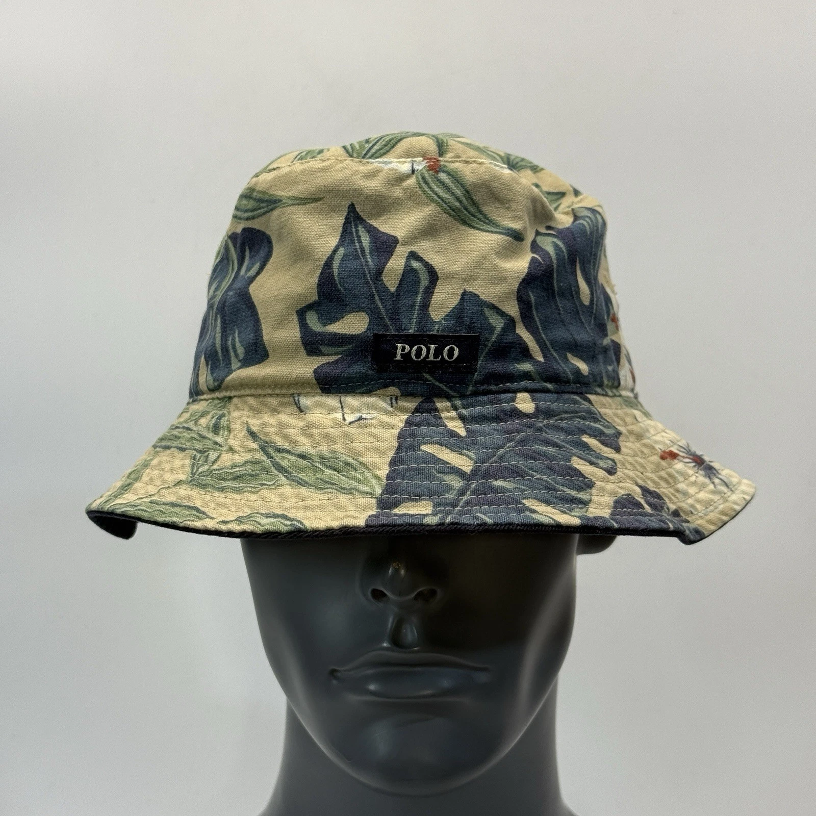 Vintage Polo Ralph Lauren Bucket Hat Men Medium Beige Blue Hawaiian Floral